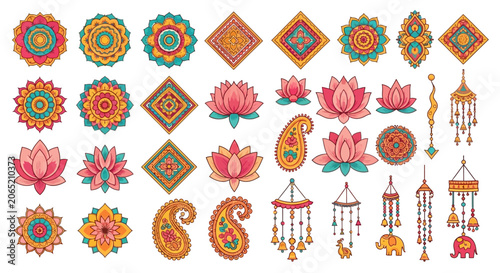 Colorful Indian decorative elements collection.