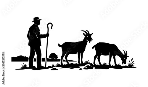 Quadro em tela Traditional Shepherd with Staff Watching Over Grazing Goats Silhouette Vector De