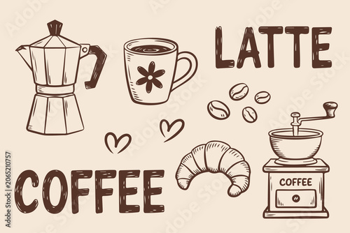Hand drawn coffee clip art set with moka pot, grinder, and croissant. Vintage coffee doodle elements with lettering cup and beans on beige background. 