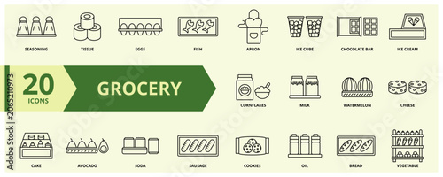 Grocery icon collection. Thin outline set contains such icons as fish, chocolate bar, cheese, avocado, vegetable and more. Simple web icons set