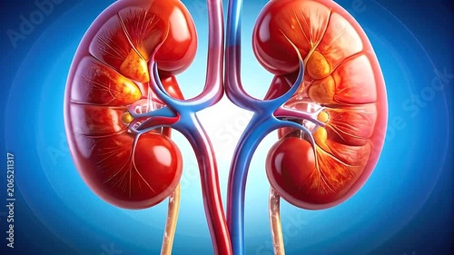 A detailed medical illustration of human kidneys and blood vessels