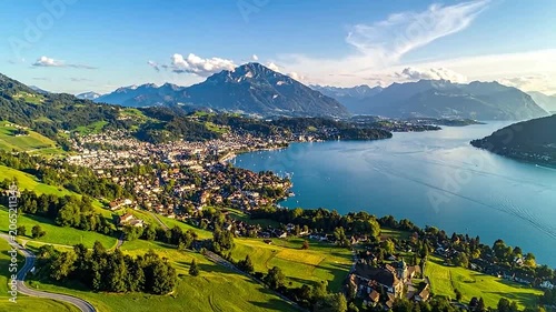 A scenic aerial view of a lakeside town near high mountains