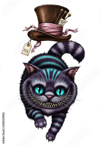 highly detailed fantasy tattoo illustration of a floating cheshire cat with deep indigo fur, exaggerated grin, and the mad hatter's worn leather hat, isolated on a transparent background. Dark