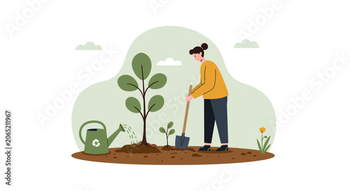 Woman gardening in the yard outdoors.