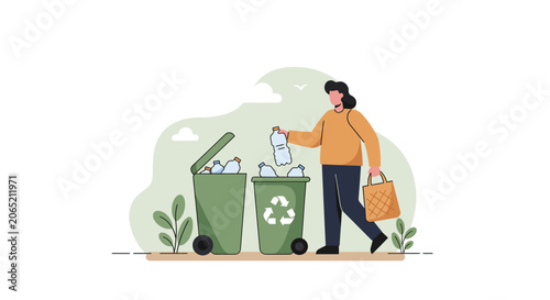 Woman recycling plastic bottle outdoors.