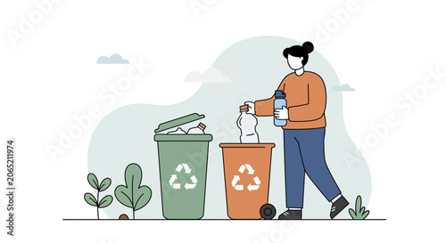 Woman putting trash into recycling bin.