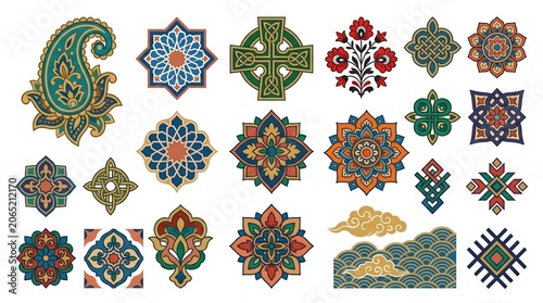 Set of ornate paisley and geometric mandala pattern stickers