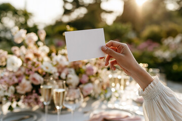 A woman's hand holds a blank wedding card above an elegant floral reception table. Wedding invitation mockup suggesting romance, celebration, vows, stationery, Mother's Day and Valentine's themes.