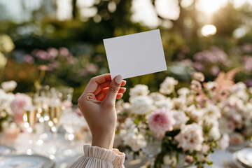 A woman's hand holds a blank wedding card above an elegant floral reception table. Wedding invitation mockup suggesting romance, celebration, vows, stationery, Mother's Day and Valentine's themes.