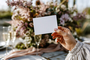 A woman's hand holds a blank wedding card above an elegant floral reception table. Wedding invitation mockup suggesting romance, celebration, vows, stationery, Mother's Day and Valentine's themes.