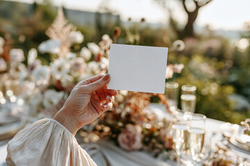 A woman's hand holds a blank wedding card above an elegant floral reception table. Wedding invitation mockup suggesting romance, celebration, vows, stationery, Mother's Day and Valentine's themes.