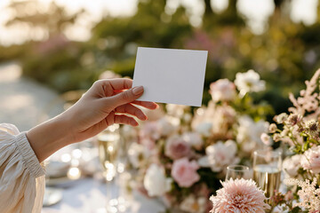 A woman's hand holds a blank wedding card above an elegant floral reception table. Wedding invitation mockup suggesting romance, celebration, vows, stationery, Mother's Day and Valentine's themes.