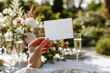 A woman's hand holds a blank wedding card above an elegant floral reception table. Wedding invitation mockup suggesting romance, celebration, vows, stationery, Mother's Day and Valentine's themes.