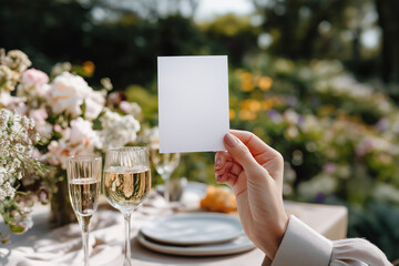 A woman's hand holds a blank wedding card above an elegant floral reception table. Wedding invitation mockup suggesting romance, celebration, vows, stationery, Mother's Day and Valentine's themes.