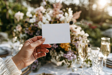 A woman's hand holds a blank wedding card above an elegant floral reception table. Wedding invitation mockup suggesting romance, celebration, vows, stationery, Mother's Day and Valentine's themes.