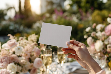 A woman's hand holds a blank wedding card above an elegant floral reception table. Wedding invitation mockup suggesting romance, celebration, vows, stationery, Mother's Day and Valentine's themes.