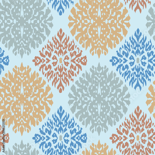 Geometric Seamless Pattern with Diamond and Snowflake Shapes in Soft Colors
