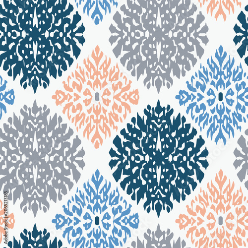Geometric Seamless Pattern with Diamond and Snowflake Shapes in Cool Colors