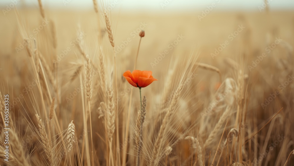 Fototapeta premium Lone poppy blossom flourishing amidst ripe wheat stalks with a smooth defocused backdrop