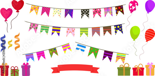 Festive Party Elements Collection: colorful party garlands, helium balloons, and beautifully wrapped gift boxes.