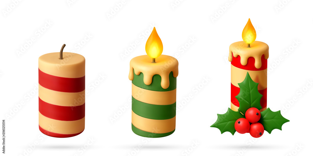 Fototapeta premium Set of 3d candle for Christmas. Festive candle with flame and holly berry decoration. Holiday winter decor element for greeting card and seasonal celebration design icon collection.
