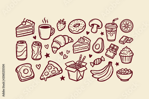 Fotografie Set of cute hand drawn food and drink doodle icons including cake pizza coffee d
