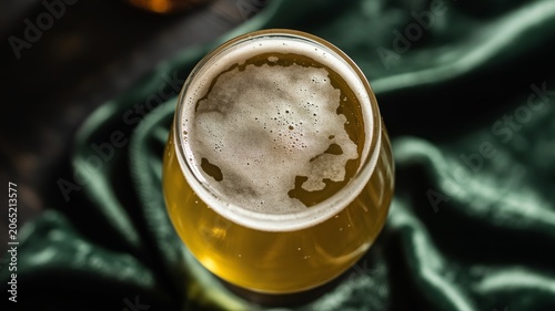 Golden glass of beer with foam head on dark green draped cloth background, top view macro shot