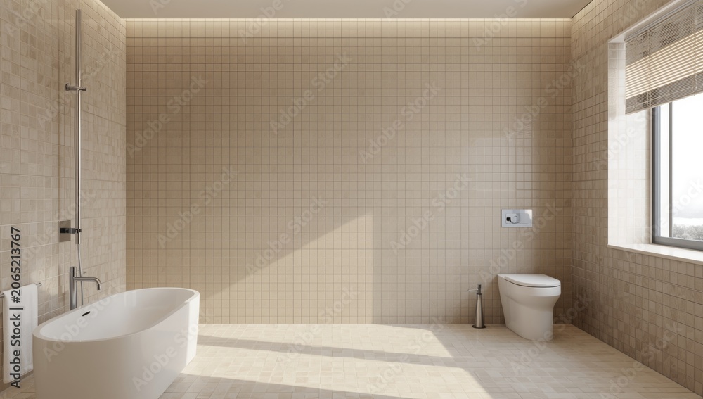 Fototapeta premium Refined bathroom interior clad in beige tiles with clear copy space for messaging