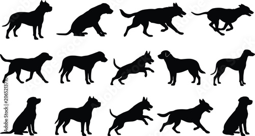 Photos Set of dog silhouettes with various breeds in different poses like sitting, runn