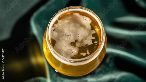 Top-Down View of a Refreshing Golden Craft Beer Glass Served on an Elegant Dark Green Velvet Fabric Surface