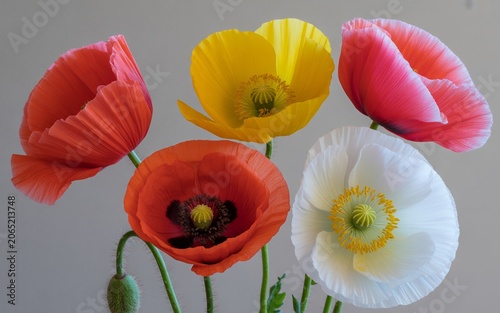 Vibrant Bouquet of Colorful Icelandic Poppy Flowers Featuring Diverse Petal Shades Against a Neutral Background