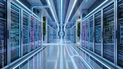 Futuristic server room with neon lights, high tech data center corridor, cloud computing infrastructure, network security system, artificial intelligence database