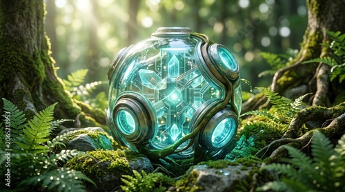 Futuristic glowing glass sphere with crystal core resting in lush green mossy forest, magical technology meets nature
