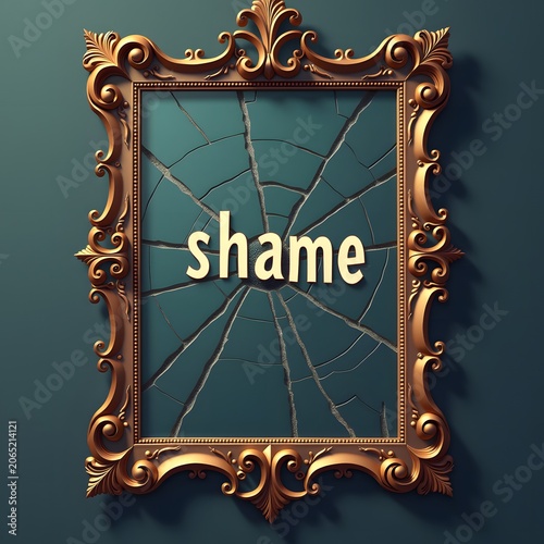 A broken mirror with the word shame inside an ornate golden frame. This conceptual image is suitable for psychology blogs, mental health presentations, and awareness articles.