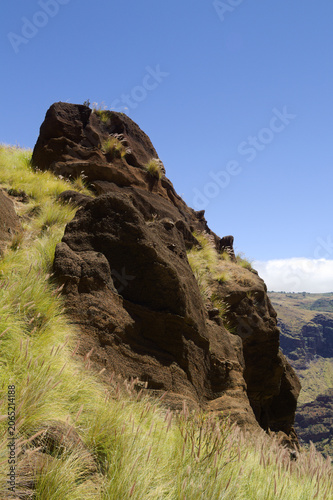 Views along the scenic hiking trail ascending from San Pedro,descending from the high threshing ground Era de Berbique toward the coastal village of Puerto de las Nieves in northwest Gran Canaria, Can