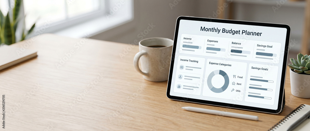 Obraz premium Tablet displaying modern budgeting dashboard with savings goals, income tracking, expense management, and financial planning tools in clean fintech workspace environment.