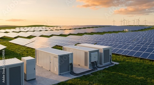 Large scale solar farm with photovoltaic panels and battery energy storage system containers, wind turbines in background