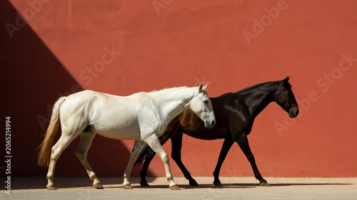 Two Majestic Horses Walking Together Side by Side Against a Vibrant Minimalist Red Wall Backdrop in Daylight