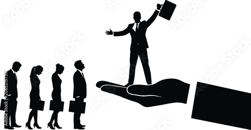 Fotografie Silhouette of successful businessman lifted by giant hand while competitors look
