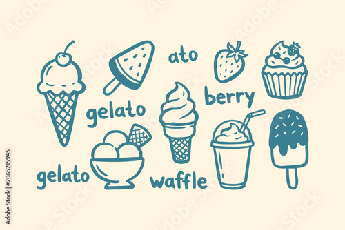 Set of cute hand drawn ice cream gelato and sweet dessert icons with summer treats and food doodles Vector, illustration