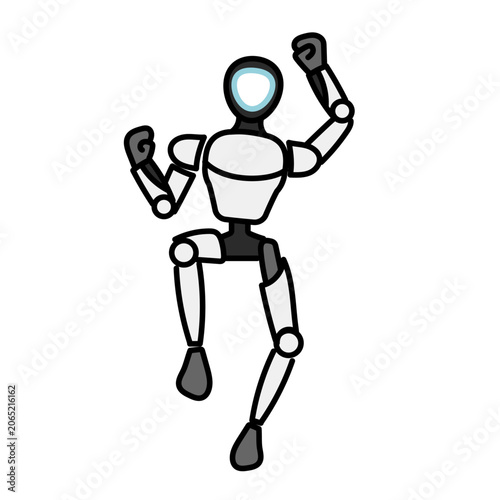元気にポーズをとってダンスやジャンプをしているシルバーの人型ロボットのキャラクター｜未来のテクノロジーや人工知能をイメージしたポップでアクティブなイラスト素材