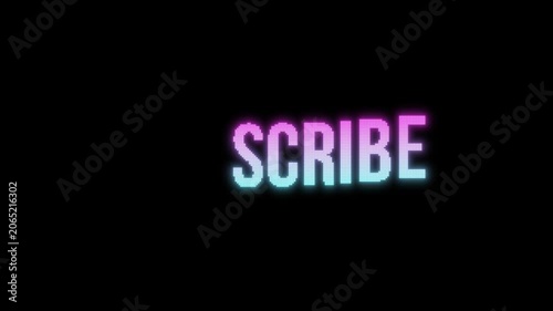 Animation of a pink and blue glowing Subscribe mosaic-style inscription on a black background. 4K