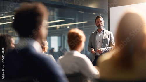 boardroom. Business professional presenting to a small audience in a modern conference setting. pitch deck slides, case study pages, designed for enterprise HRIS and productivity software interfaces.