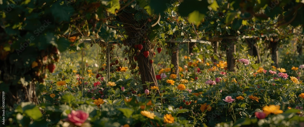 Fototapeta premium Lush garden view showing vining plants bearing ripe edible fruits and vibrant blooms