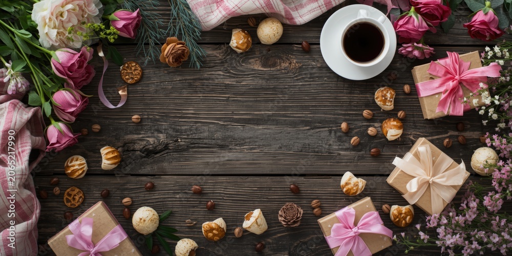 Fototapeta premium Joyful Mothers Day composition with floral decorations coffee cups sweet delights and presents on rustic timber