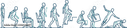 Foto Vector linear illustration of human ergonomics showing a person standing sitting walking lifting boxes climbing stairs and falling down