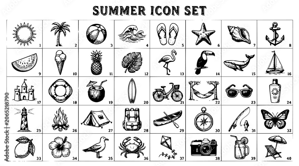 Fototapeta premium Summer icon set with numbered hand drawn sketches on transparent background illustrating beach lifestyle vacation activities nature and leisure items.