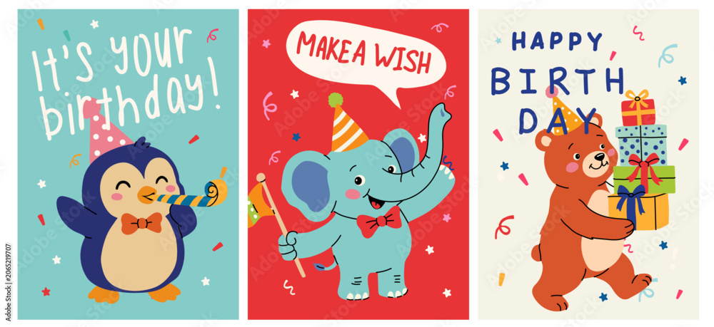 Fototapeta premium Kids Birthday Cards with Penguin Elephant and Bear