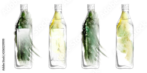 Tableau sur toile Tall slim rectangular bottles with label hand drawn in pencil, loose watercolor, green and golden hues