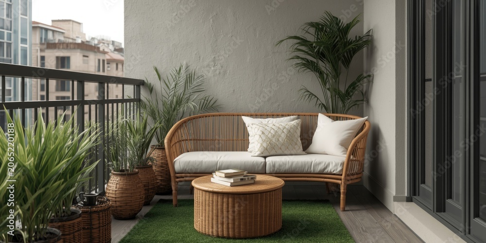 Fototapeta premium Welcoming balcony arrangement featuring a rattan corner couch, small coffee table, and artificial grass